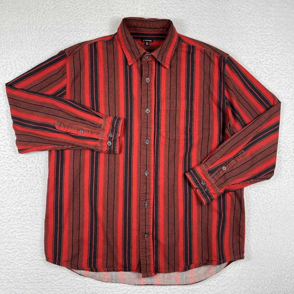 J Peterman Shirt Mens XL Red Black Striped Flannel‎ Gorpcore Casual Travel Work